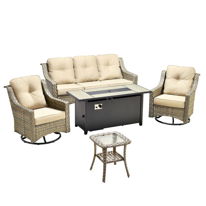 XIZZI 5-Piece Wicker Patio Furniture Set with Sofa, Swivel Chairs & Fire Pit