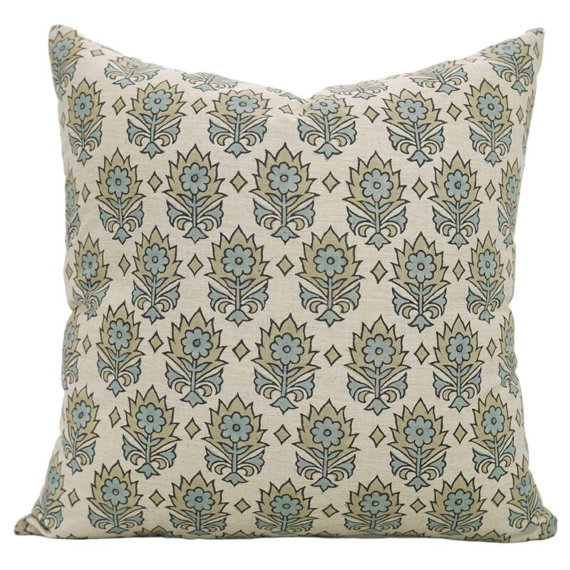 Fabdivine Floral Throw Fall Summer Décor Pink Pillow Cover Handmade Linen, for Farmhouse Guest Room or Couch, Custard Apple - Kusum- Grey - 22" x 22" - Pillow Covers