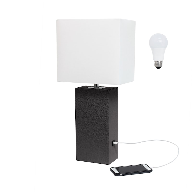 Modern Leather Table Lamp with USB and White Fabric Shade