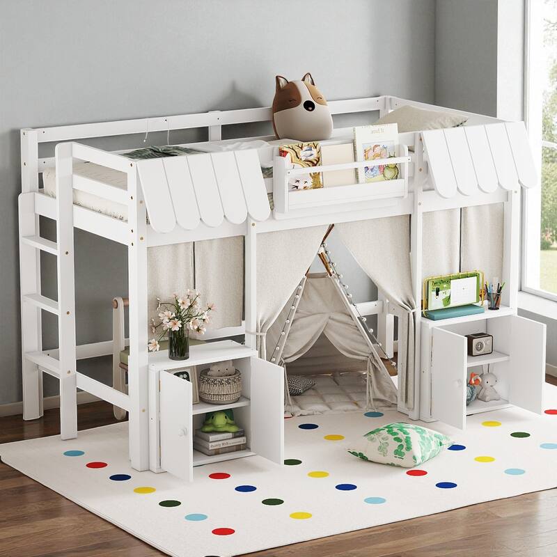 Twin/Full Loft Bed with Bookshelf, Curtain Playhouse, Storage Shelf, Cottage Roof Design and Safety Guardrails for Kids