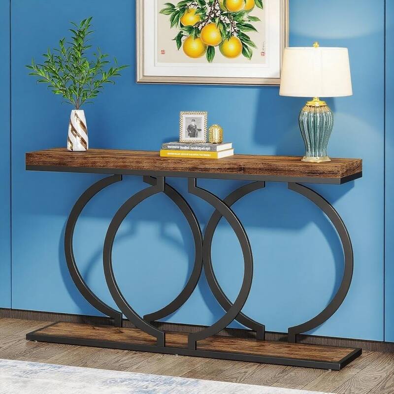 55.1" Industrial Rustic Console Table MDF Top with Black Geometric Metal Frame - 55.11" x 11.81" x 27.55"