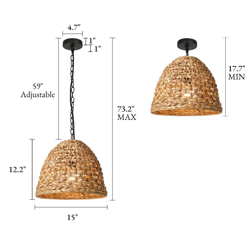 Ravy 1-Light Rattan Dome Pendant Light Handwoven Kitchen Island Lights - D 15" x H 12.2"