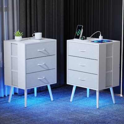 2 Pack Modern Nightstand with Charging Station, Bedside Tables with LED Light and Fabric Drawers