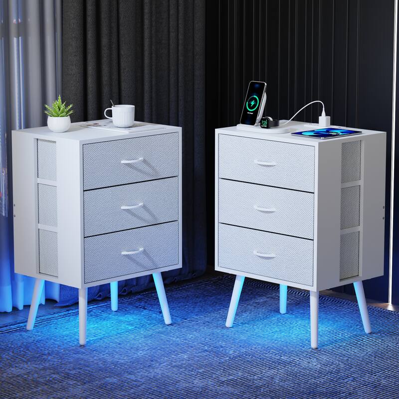Modern 2-Piece Nightstand with LED Light and 3 Fabric Drawers - White