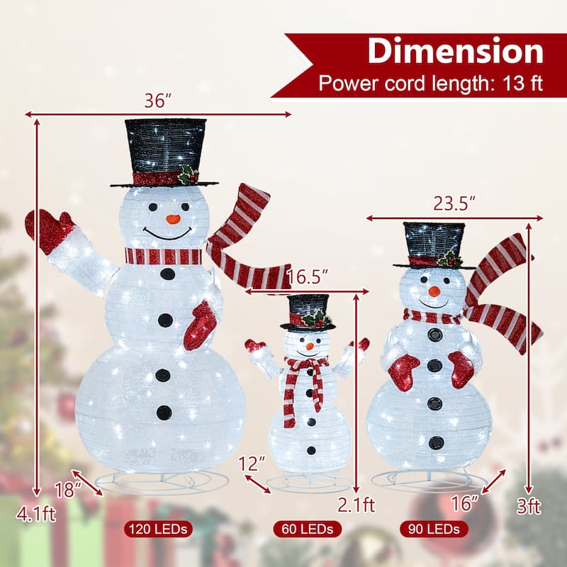 Gymax Set of 3 Pre-Lit 3D Snowman Set w/270 LED Lights for Home Lawn - Multicolor
