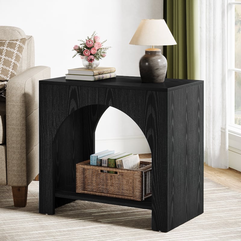 Farmhouse Side Table with Storage, Large Wooden Pedestal End Table - Black - 2 Packs