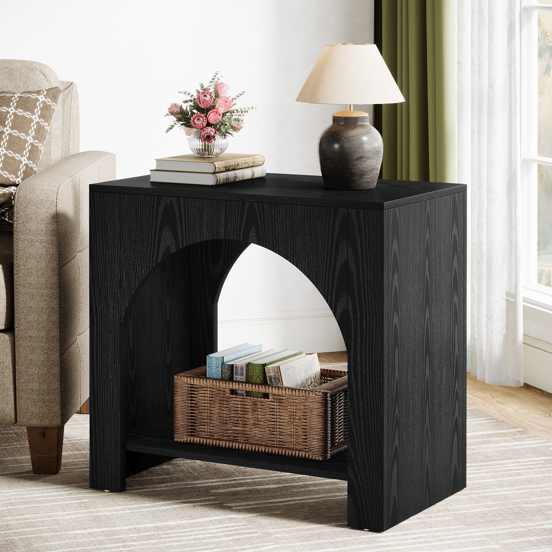 Farmhouse Side Table with Storage, Large Wooden Pedestal End Table