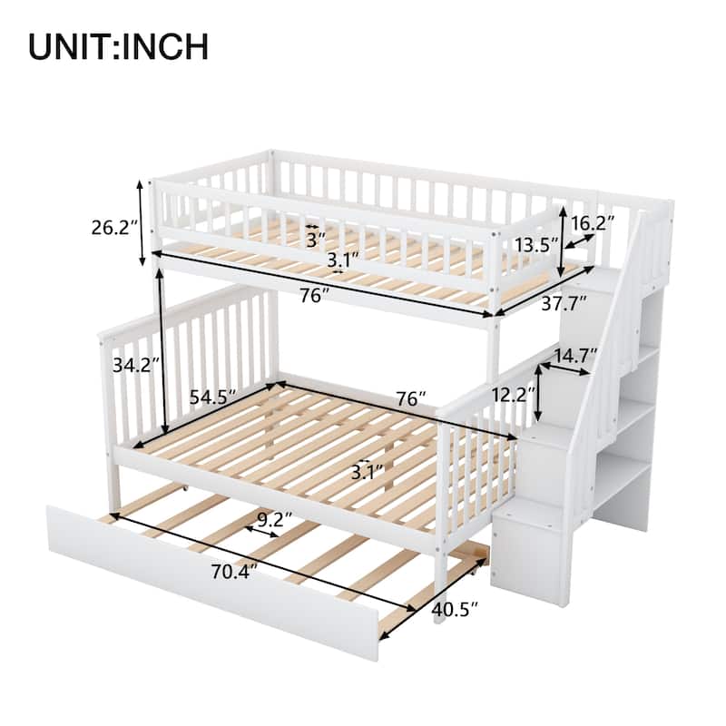 Space-Saving Twin Over Full Bunk Bed with Trundle, Wooden Bunk Bed Frame w/Storage Staircase & Guardrails, for Kids Teens Adults