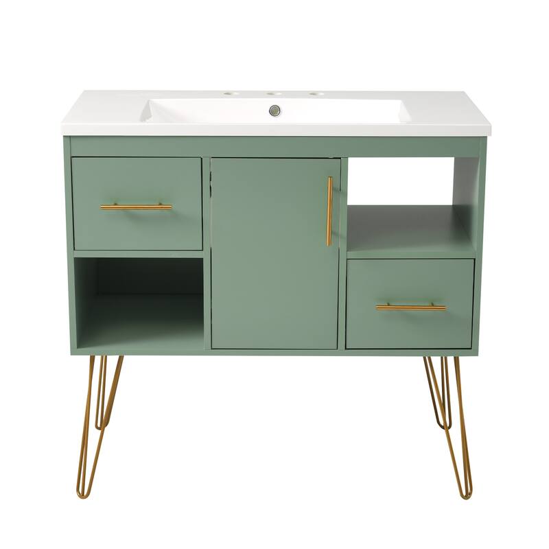 Freestanding Green Storage Cabinet for Bathroom Vanity with Resin Sink, 2 Drawers, 2 Storage Compartments and Gold Handles
