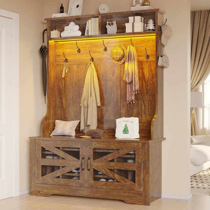 Hall Tree w/ Bench Shoe Storage Shoe Cubby Barn Door Adjustable Shelf - 43.3" - Brown