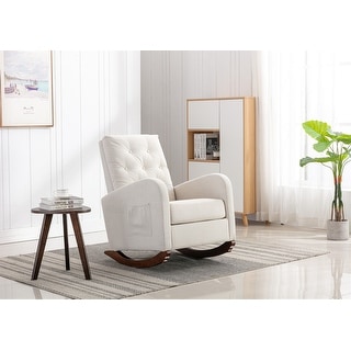 Polyester Upholstered High Back Mid-Century Modern Tufted Nursery Rocking Chair with Side Pocket
