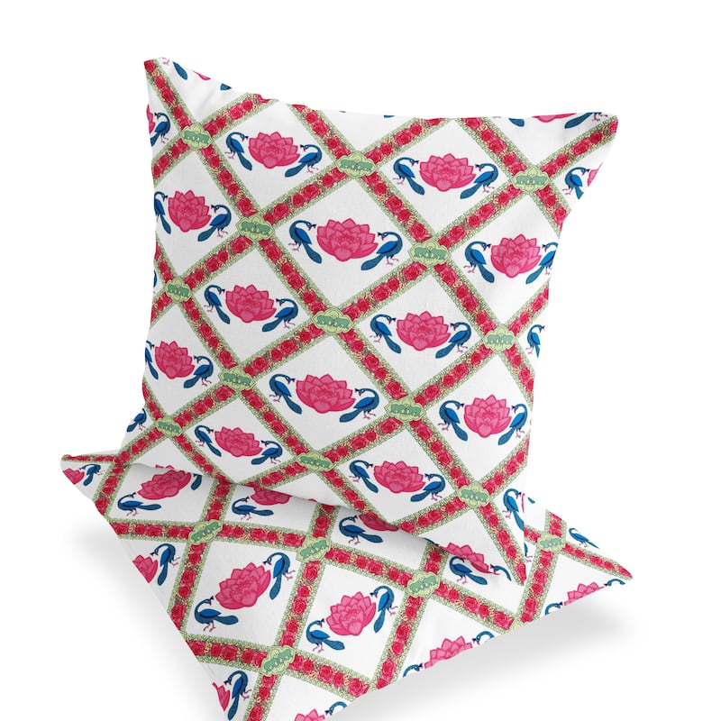 HomeRoots Set of Two 16" X 16" Pink and White Peacock Blown Seam Floral Indoor Outdoor Throw Pillow - 16.00' X '16.00' X '5.00