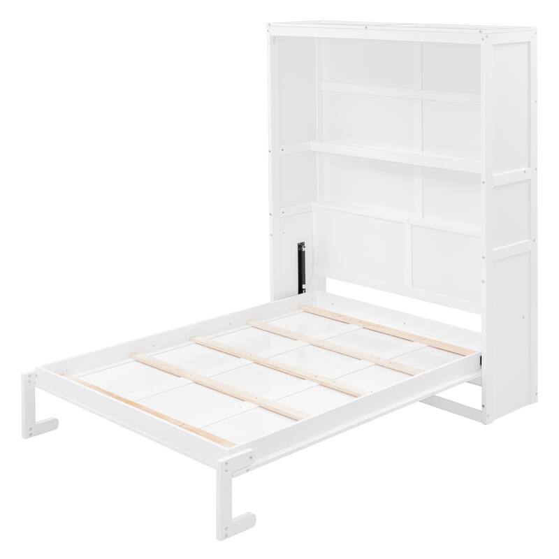 Queen Size Space-Saving Murphy Wall Bed with Dual-Layer Storage Cabinet and Flexible Slat Support