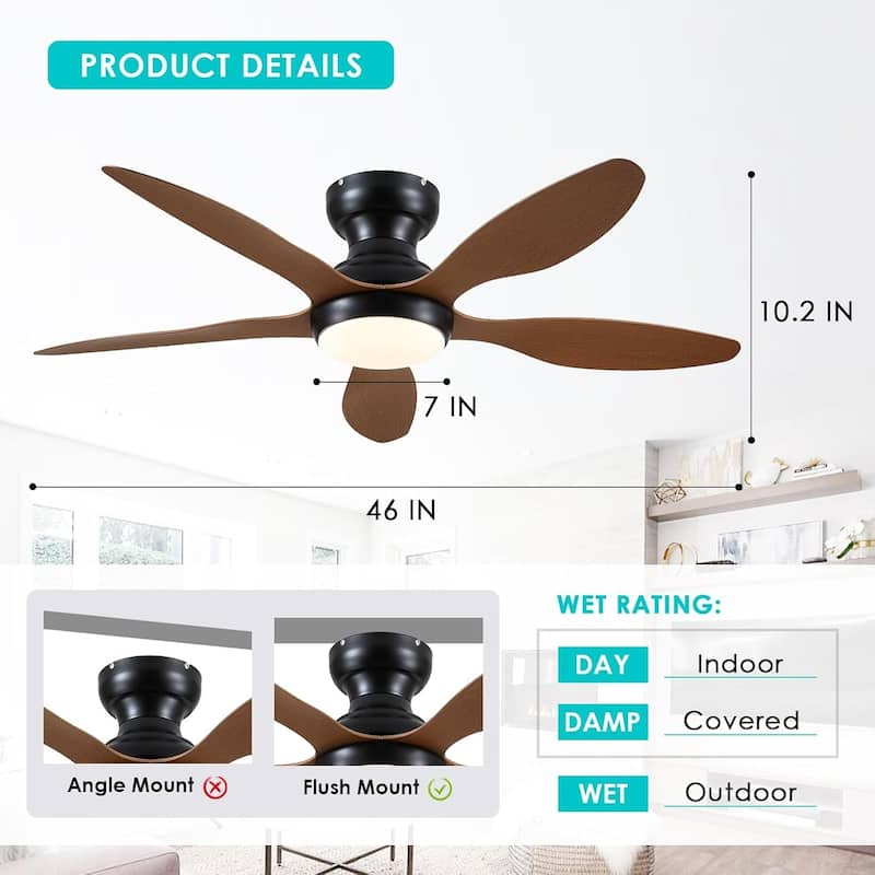 46" Modern Flush Mount Ceiling Fan with LED Light and Remote APP Control Reversible DC Motor for Living Room Bedroom - 46 Inches