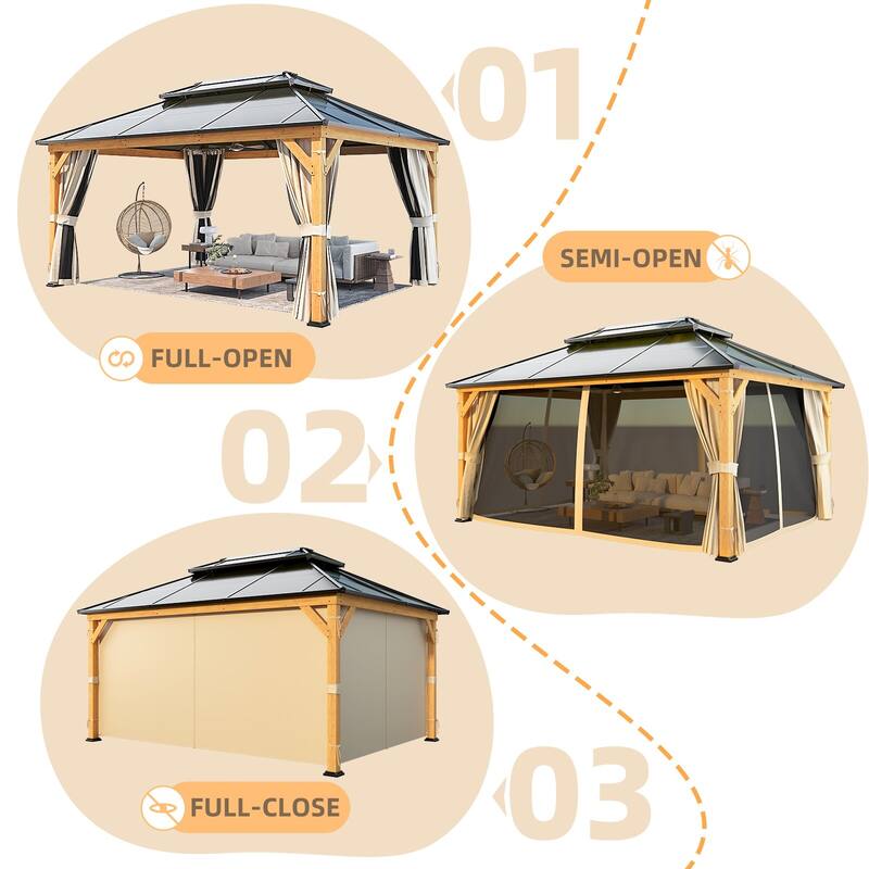 EROMMY Outdoor Wood Gazebo with Double Polycarbonate Roof, Heavy Duty Backyard Patio Pergola Canopy for Garden Shade