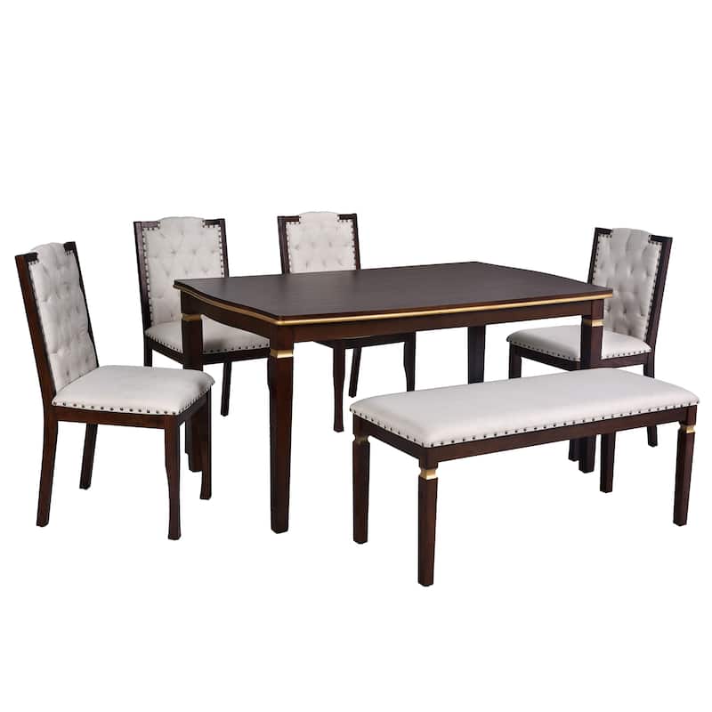 6 Piece Dining Table Set, 60" Solid Wood Rectangular Table with 4 High-Back Tufted Chairs and 1 Bench for Kitchen