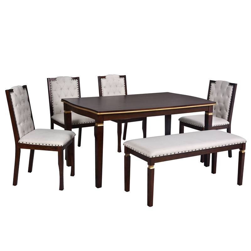 6-Piece Wood Dining Table Set, Kitchen Table Set with 4 High-Back Upholstered Chairs and Bench for Living Room