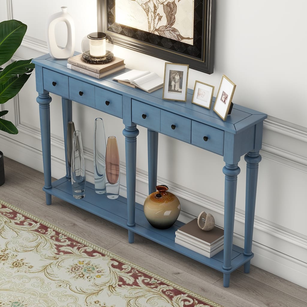 Navy Blue Versatile Hallway Table Side Table with 4 Storage Drawers, Accent Table Sofa Table with Bottom Open Shelf