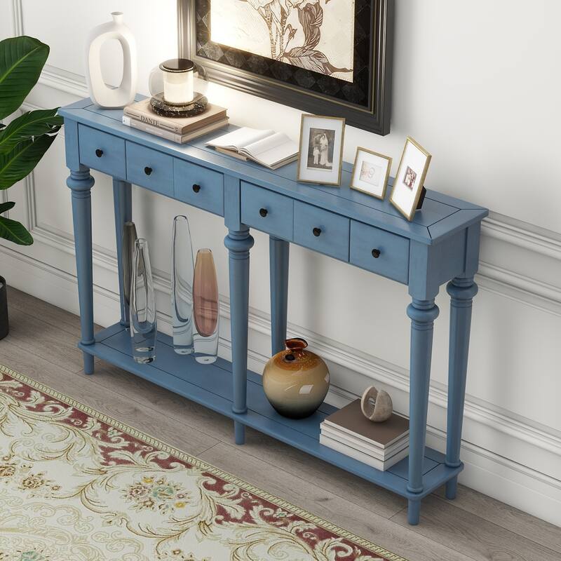 Navy Blue Versatile Hallway Table Side Table with 4 Storage Drawers, Accent Table Sofa Table with Bottom Open Shelf - Navy Blue