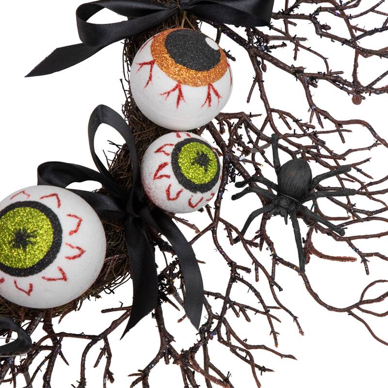 Eyeballs and Spiders Halloween Twig Wreath 24-Inch Unlit