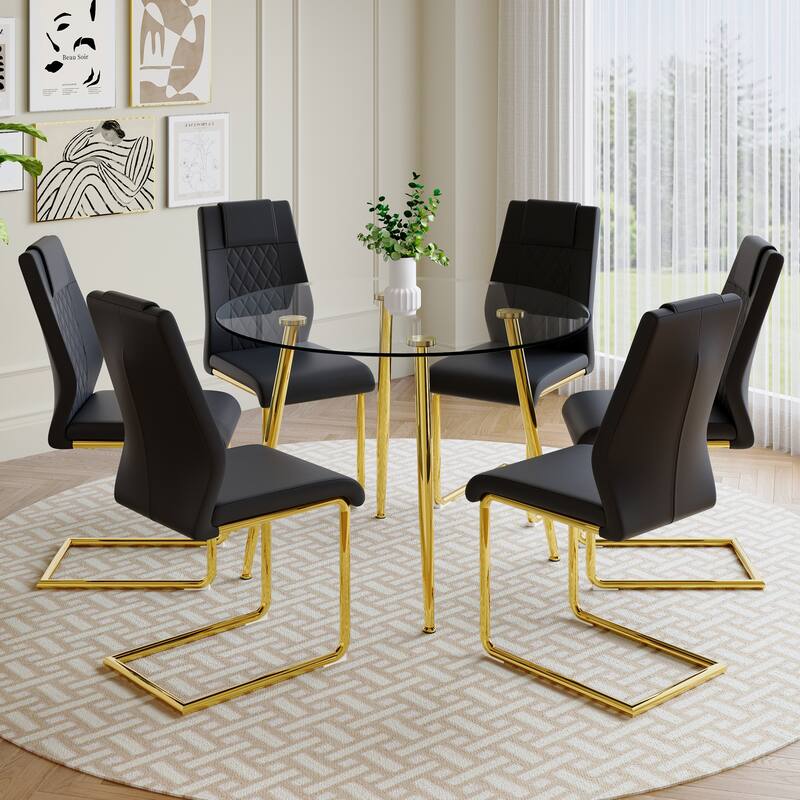 Modern Style Dining Set with Round Transparent Tempered Glass Table and PU High Back Dining Chairs