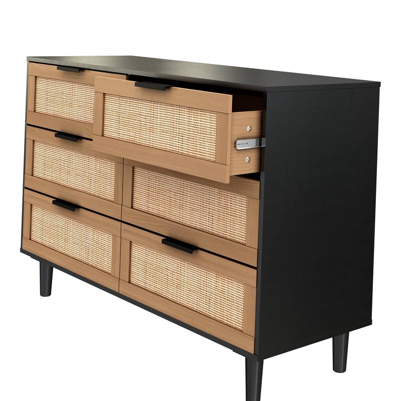 Black Rattan Drawer Dresser with 6 Drawers, Ideal for Bedroom and