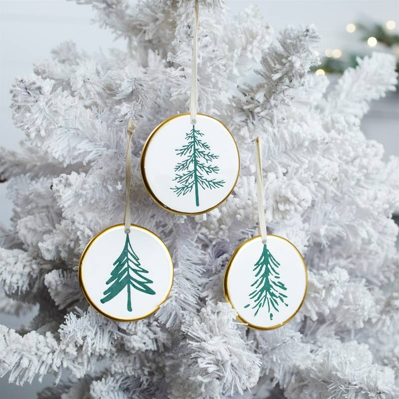 Ceramic Pine Tree Christmas Disc Ornaments - 3.5" - 12ct