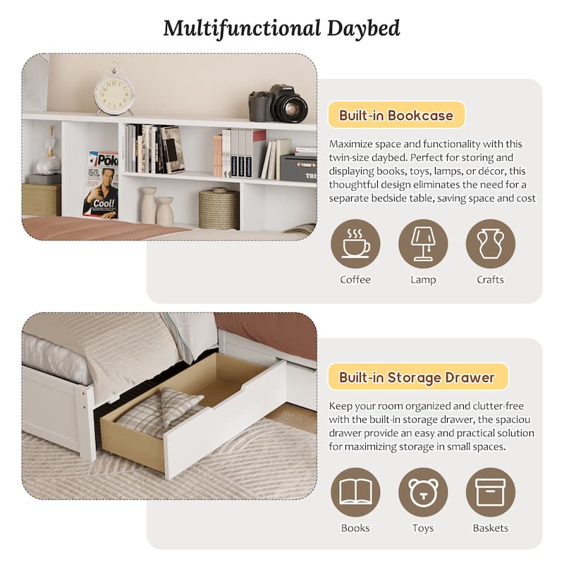 L Shaped Corner Daybed for 3 Wooden Twin Size Captains Bed with Bookcases, Under-bed Trundle Bed and Storage Drawers