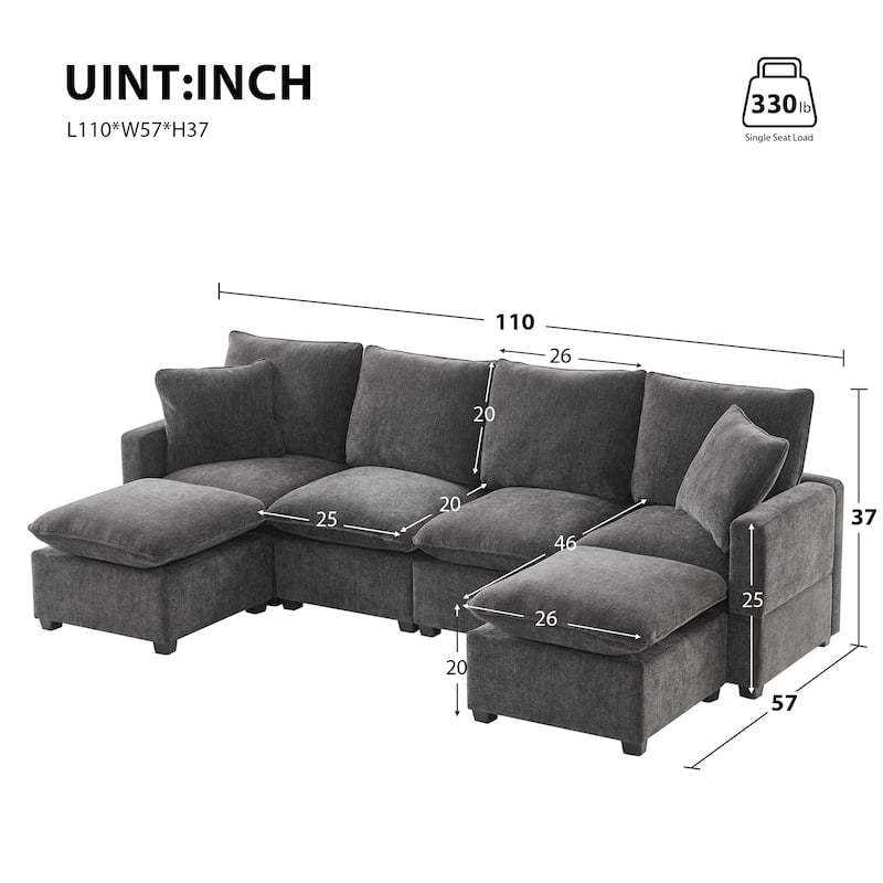 Black+Grey 6 Seat Sectional Sofa Set with Ottomans Chaise Lounges