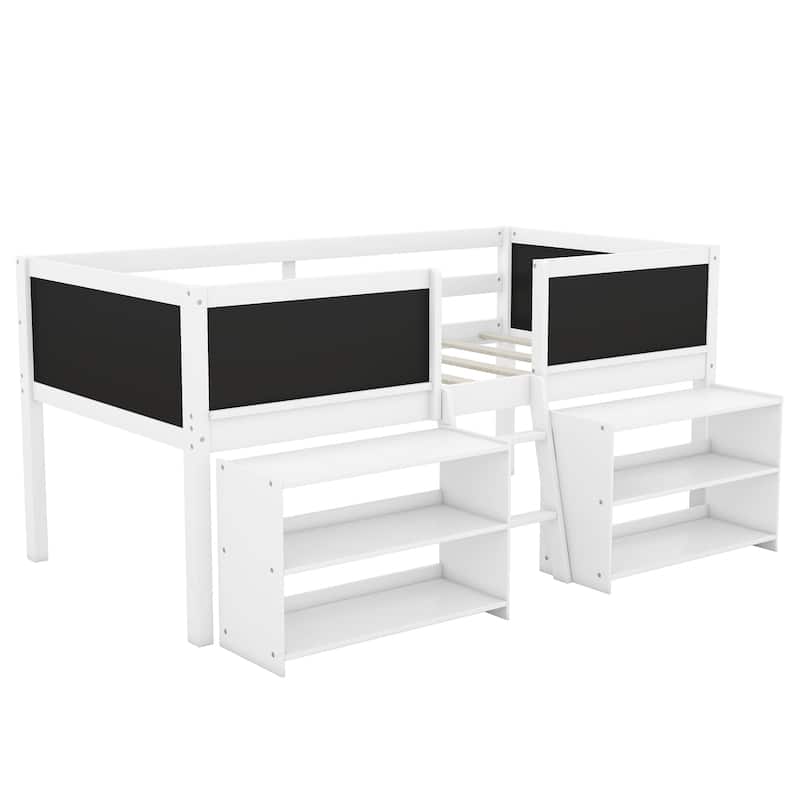 Twin Low Loft Bed with Storage Shelves, Chalkboard Guardrails, and Sturdy Pine Wood Frame