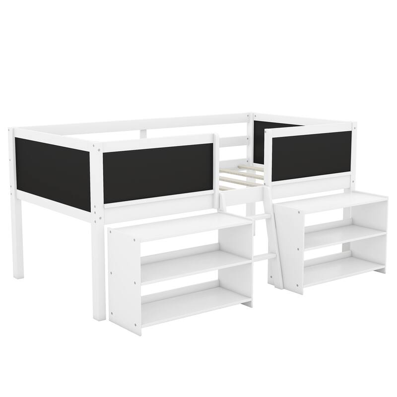 Twin Pine Loft Bed with Shelves, Chalkboard Guardrails, and Ladder