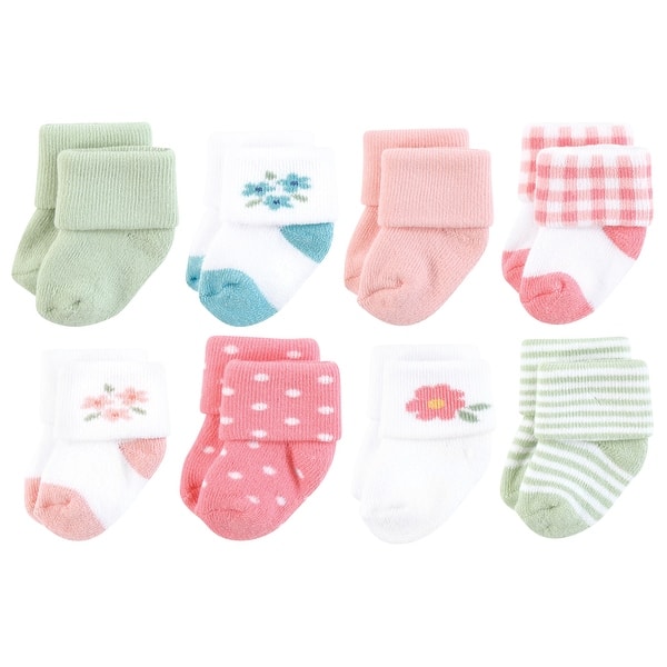 slide 1 of 1, Hudson Baby Infant Girl Cotton Rich Newborn and Terry Socks, Coral Pretty Floral Coral Pretty Floral - 0-6 Months