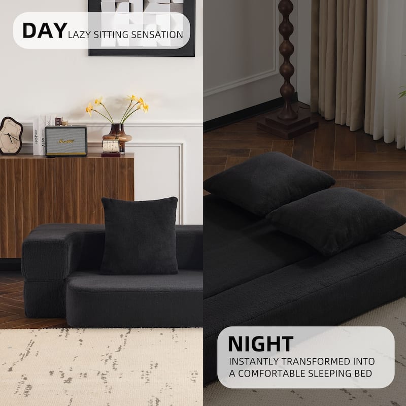 Transformable Sectional Sofa with 3 Ottomans - Fold-Out Bed, Compact Chenille Lounger in Black Faux Fur for Small Spaces