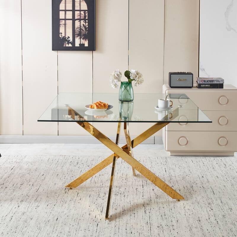 Golden Dining Table with cross metal leg and glass,Modern Space Saving Kitchen Table for Living Room,120x120x75cm square glass - Golden