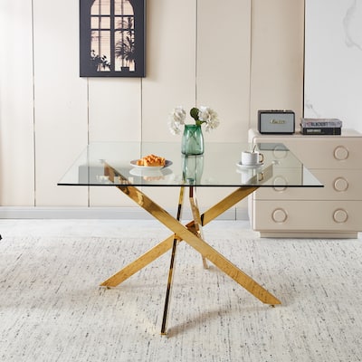 Golden Dining Table with cross metal leg and glass,Modern Space Saving Kitchen Table for Living Room,120x120x75cm square glass