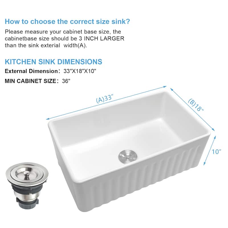 Kichae 33 Inch Ceramic Sink Undermount Farmhouse Apron Front White Kitchen Sink - 33 in.W x 18 in.D x 10 in.H