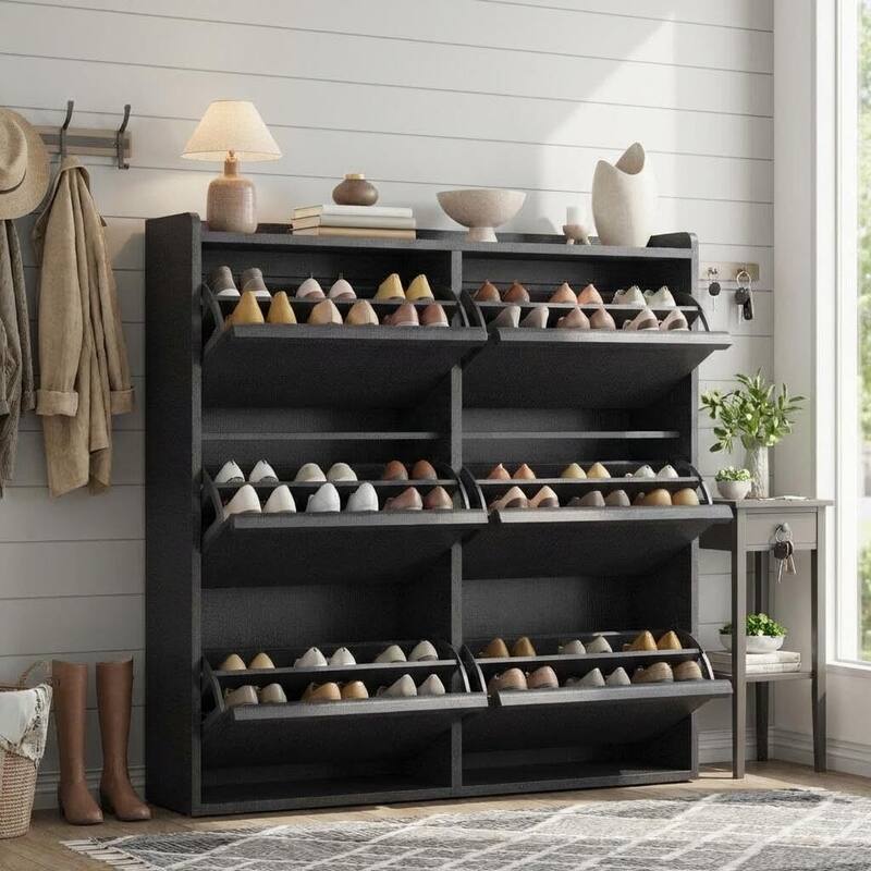 Narrow Shoe Cabinet Organizer with 6 Flip Drawers for Entryway, Hallway, Living Room - Black