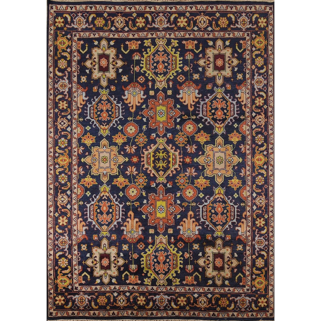 All-Over Blue Geometric Oushak Oriental Area Rug Handmade Wool Carpet - 7'10"x 10'4"