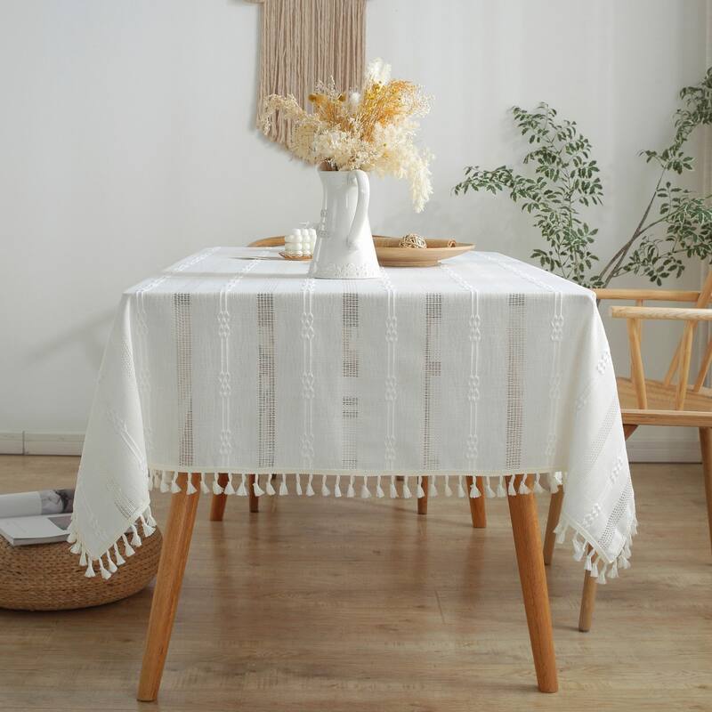 Enova Home High Quality Rectangle Cotton Linen Washable Tablecloth Stripe with Tassel for Home Party Wedding Dining Table - White - 55" x 86"