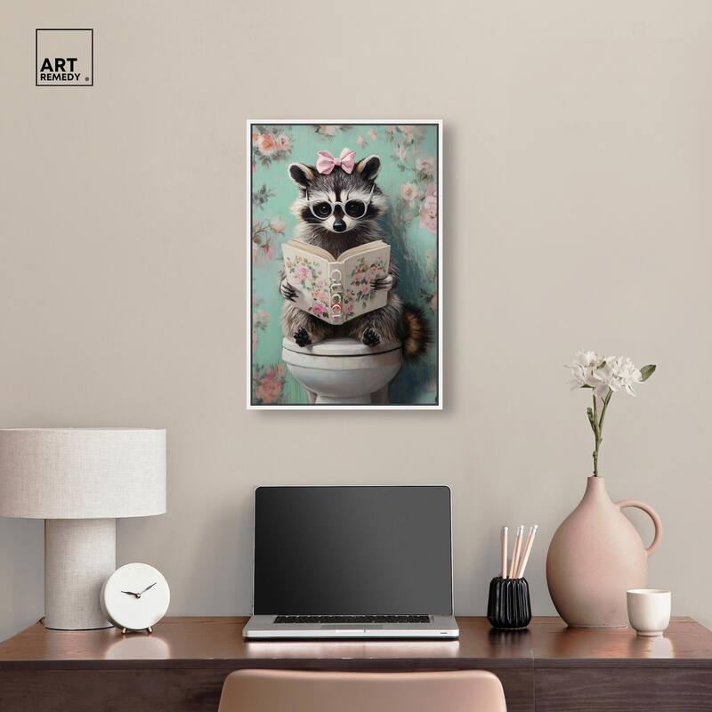Petite Floral Toilet Raccoon Canvas by Art Remedy