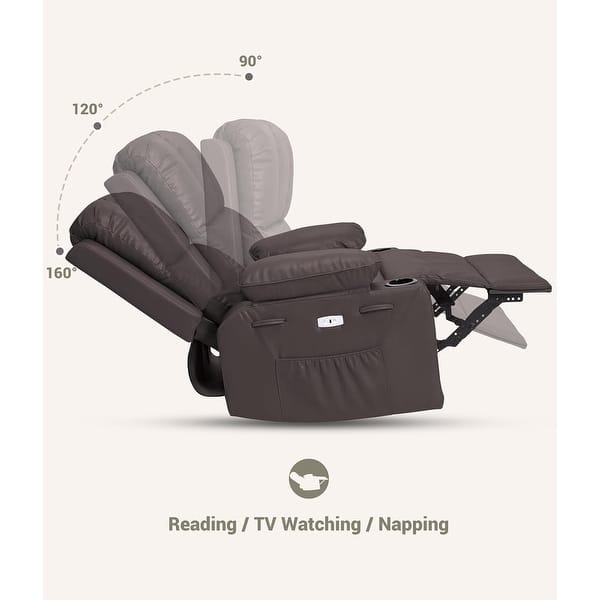 dimension image slide 2 of 15, Oversized power recliner with heat, massage, 360 degrees swivel, and cup holder.