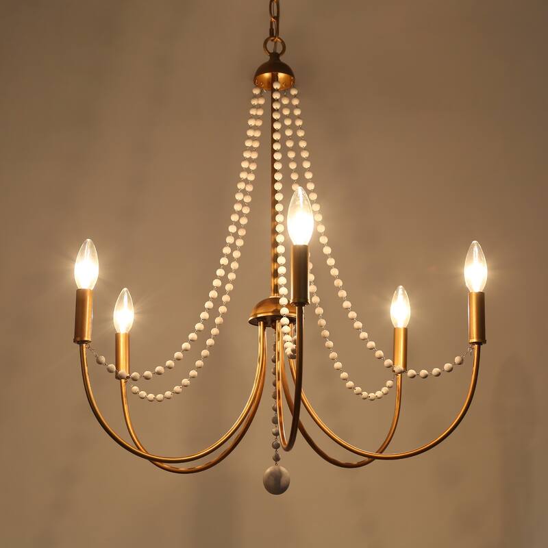 French Country Gold Beaded Empire Chandelier Candle Metal 5-light Dining Room Light - D 25'' x H 25.5''