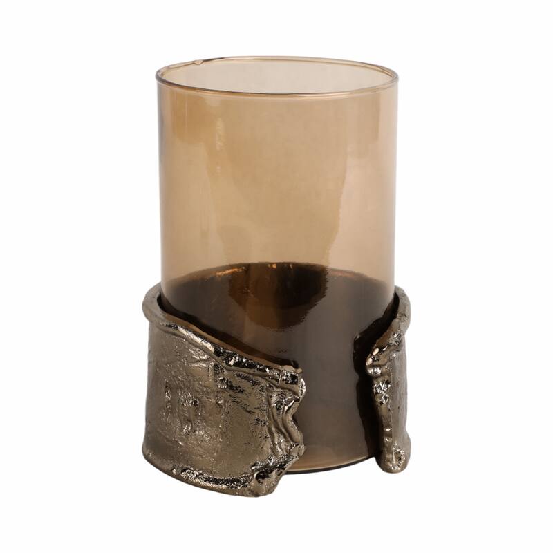 Candle Holder - Brown Glass with Metal Wraparound