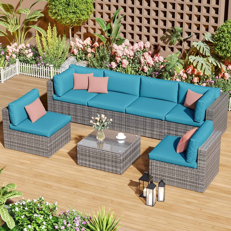 7-Piece Patio Furniture Set with Tempered Glass Coffee Table
