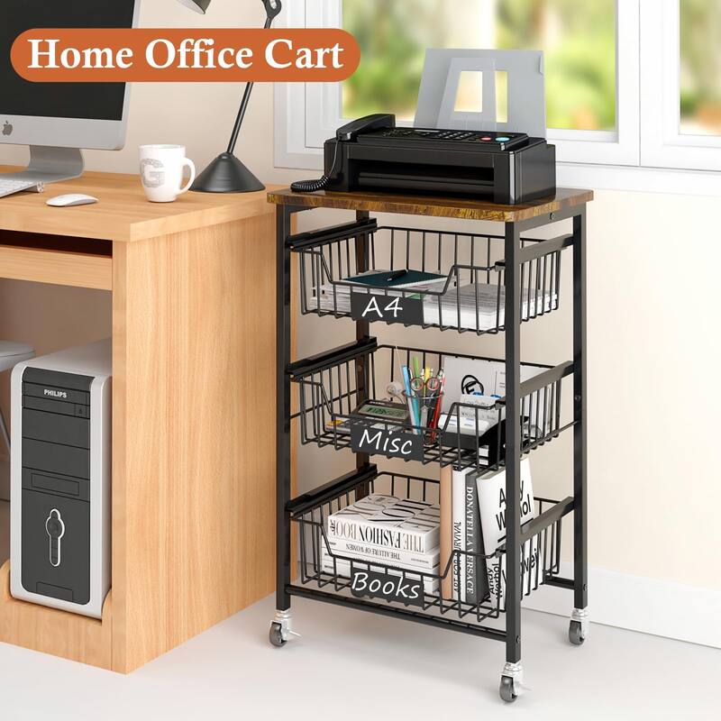 4-Tier Small Kitchen Storage Cart on Wheels, Metal Fruit Basket Stand with Pull-Out Baskets & Wood Top