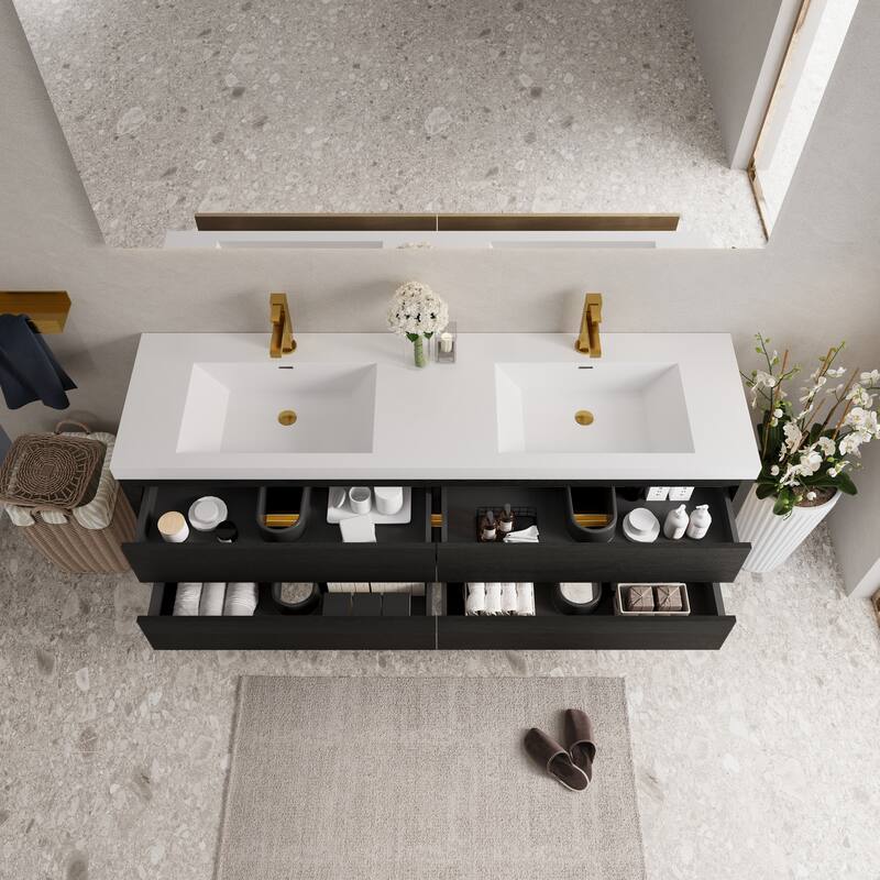 GDFStudio - Bennett 72-Inch Floating Bathroom Vanity with Stone Resin Basin and Soft-Close Storage Drawers