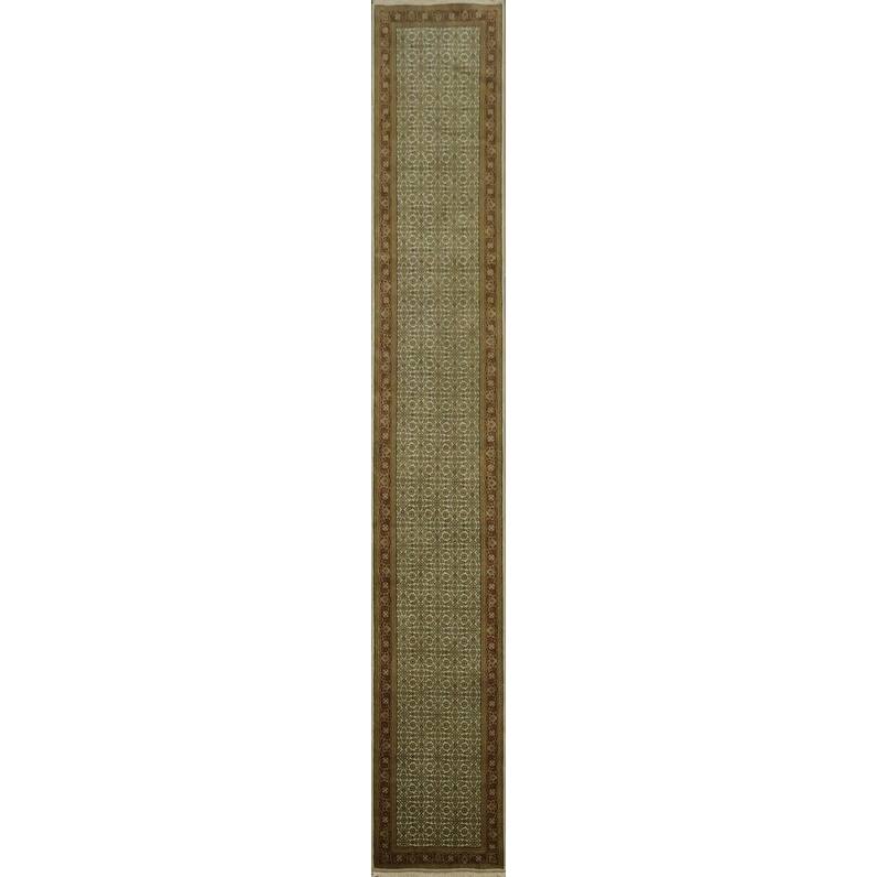 Hand Knotted Oriental 100% Wool Carpet Traditional All-Over Green Tabriz Runner Rug - 17' 4'' X 2' 8''