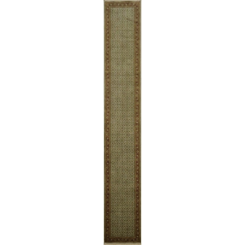 Hand Knotted Oriental 100% Wool Carpet Traditional All-Over Green Tabriz Runner Rug - 17' 4'' X 2' 8''