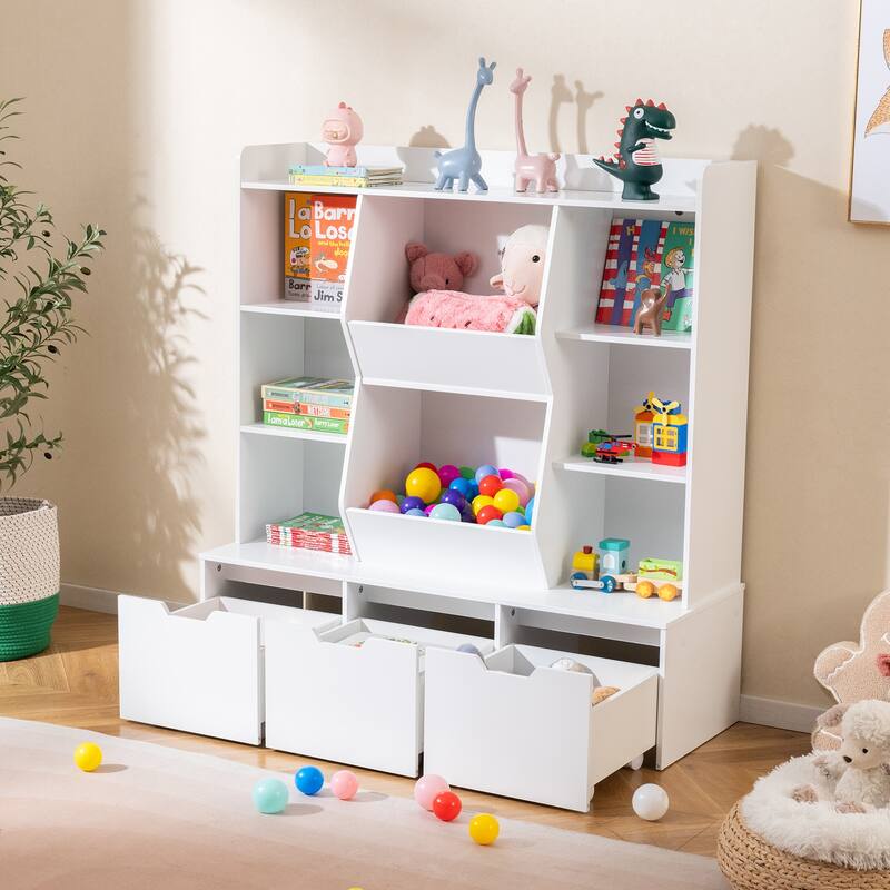 White Kids Storage Cabinet with Drawers and Cubbies Wooden Toy Organizer and Bookshelf for Playroom or Bedroom - 44" x 16" x 47"