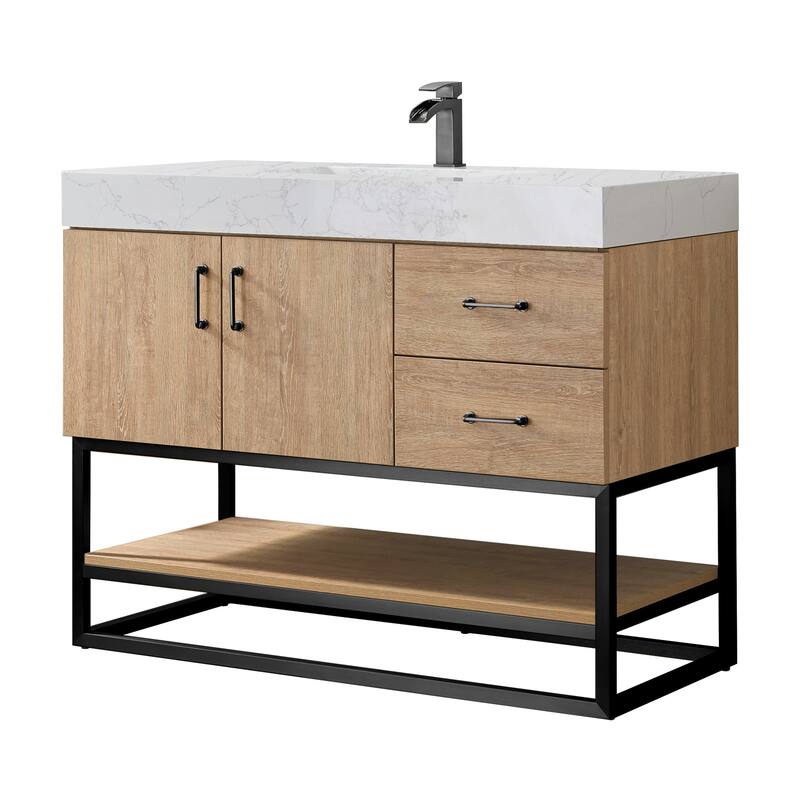 Alistair 42" Single Vanity with White Grain Stone Top without Mirror - 42" - North American Oak(Black Hardware)